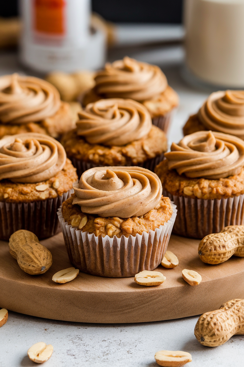 Indoor photo of peanut butter banana oat muffins with a swirl of peanut butter on top, no text or logos