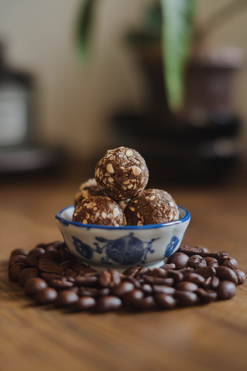 Photo of a small porcelain dish indoors showcasing mocha-colored hazelnut energy balls, espresso beans scattered artfully. No text or logos.