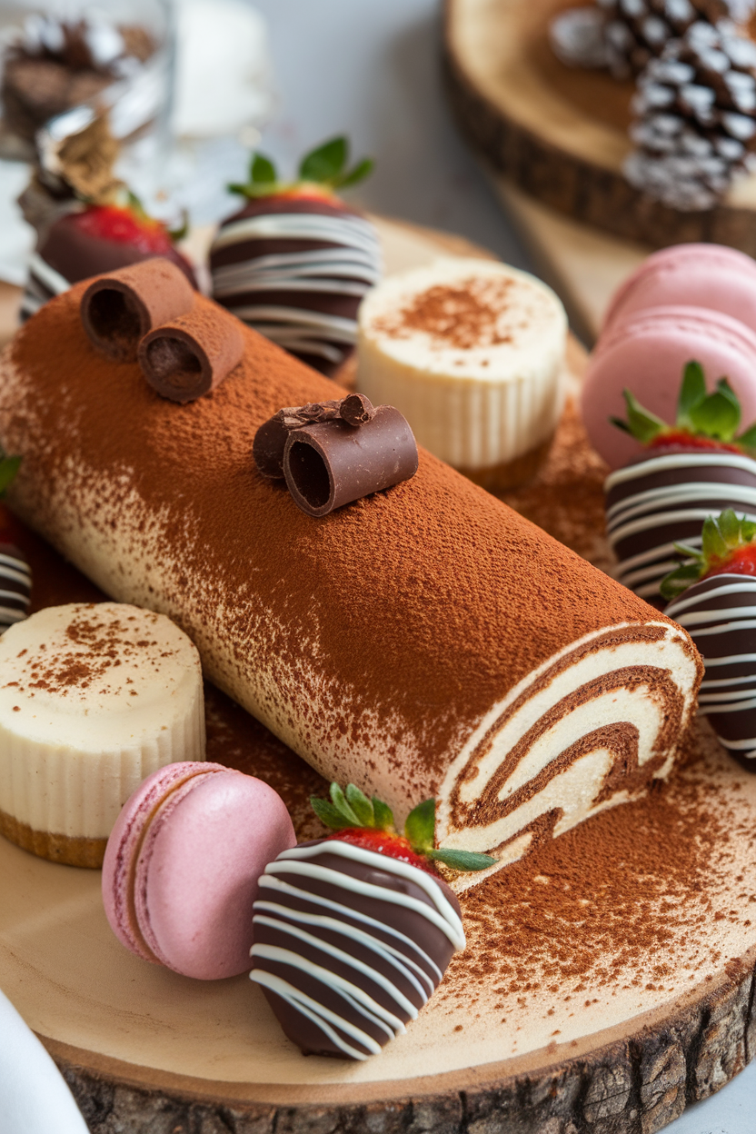 Indoor dessert platter featuring a rolled tiramisu yule log dusted with cocoa powder and garnished with chocolate curls; no text or logos. Photo, not illustration.