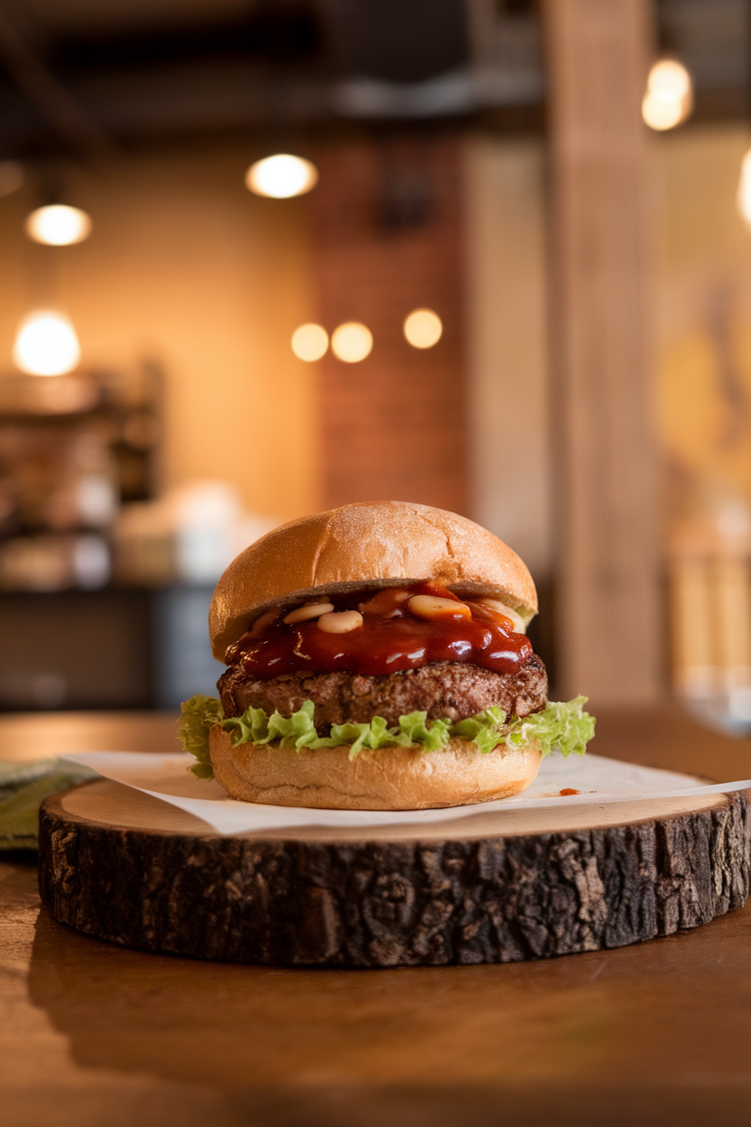 Photo of a black-eyed pea burger brushed with BBQ sauce, sitting on a whole-wheat bun with lettuce indoors; no text or logos; photo, not illustration