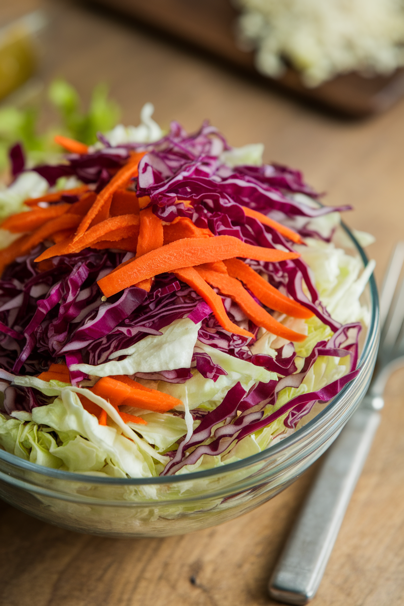 Indoor salad bowl with shredded red cabbage, white cabbage, and ribbons of purple-blue carrots lightly dressed. No text or logos.