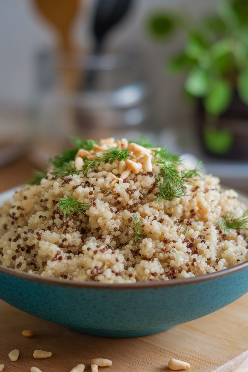 Indoor photo of a wide shallow bowl containing fluffy quinoa flecked with chopped parsley, dill, and toasted pine nuts. No text or logos.