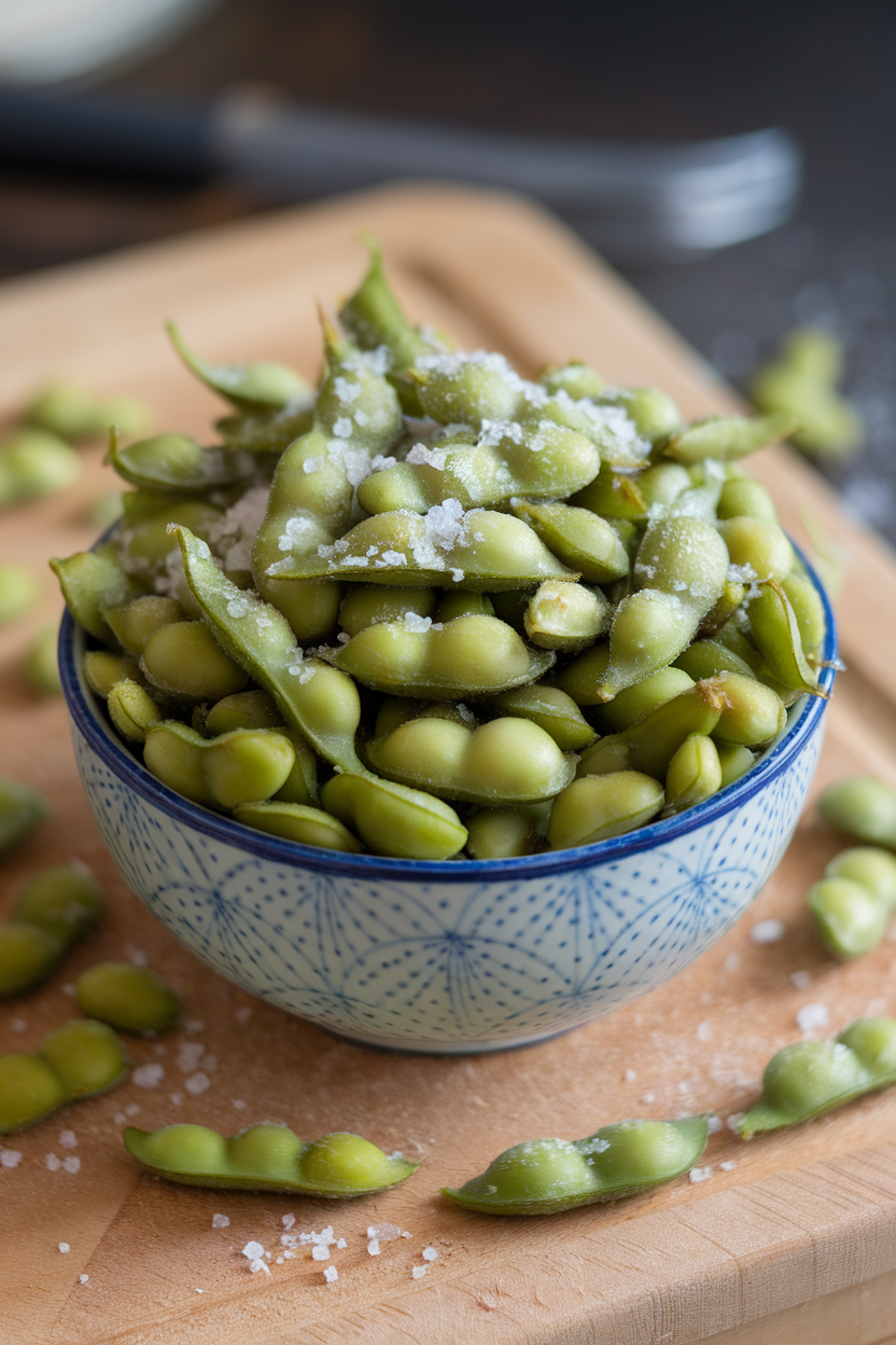 Photo of an indoor bowl piled high with steamed edamame pods dusted with coarse sea salt, no text or branding.
