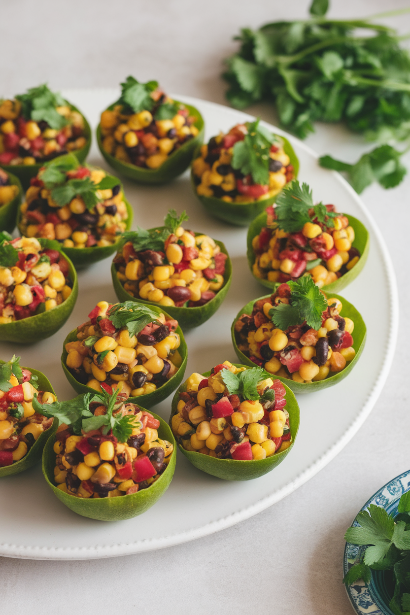 Indoor photo of small jicama cups filled with colorful corn and black bean salsa, arranged on a white platter. No text or logos.