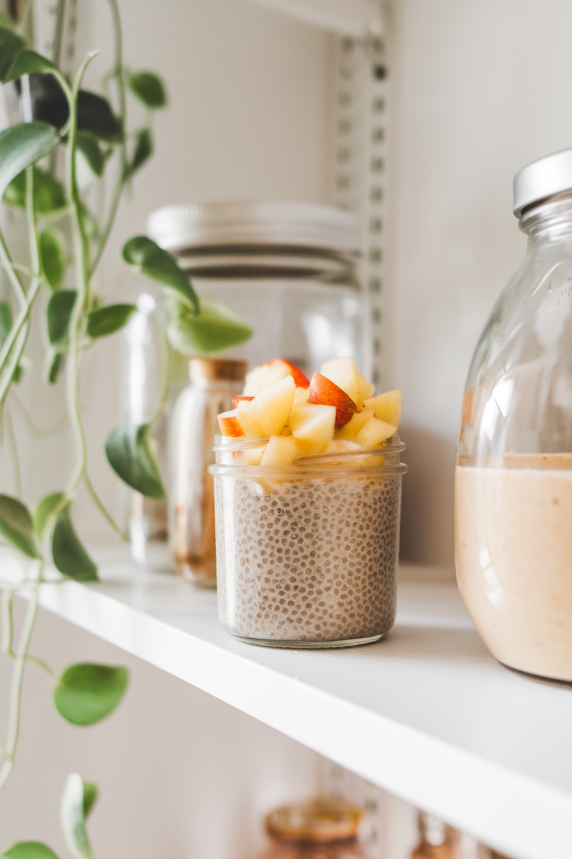 A bright indoor shelf with a small glass jar of apple cinnamon chia pudding topped with diced cooked apples. Photo, no text or logos.
