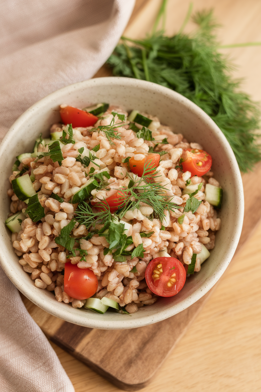 Indoor serving bowl containing farro mixed with chopped parsley, dill, cucumber, and cherry tomatoes. No text or logos; even lighting.