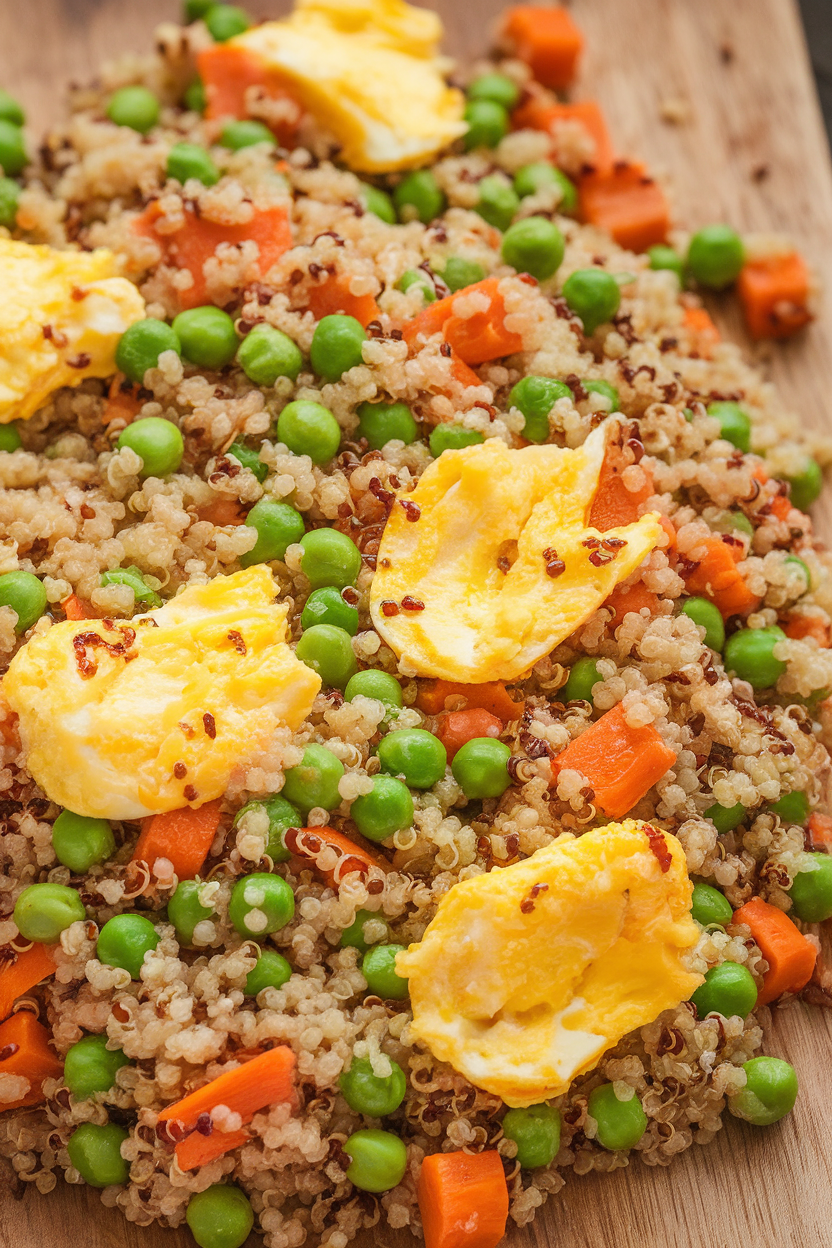 Indoor wok shot of colorful quinoa stir-fry with peas, carrots, and scrambled egg pieces. No text or logos.