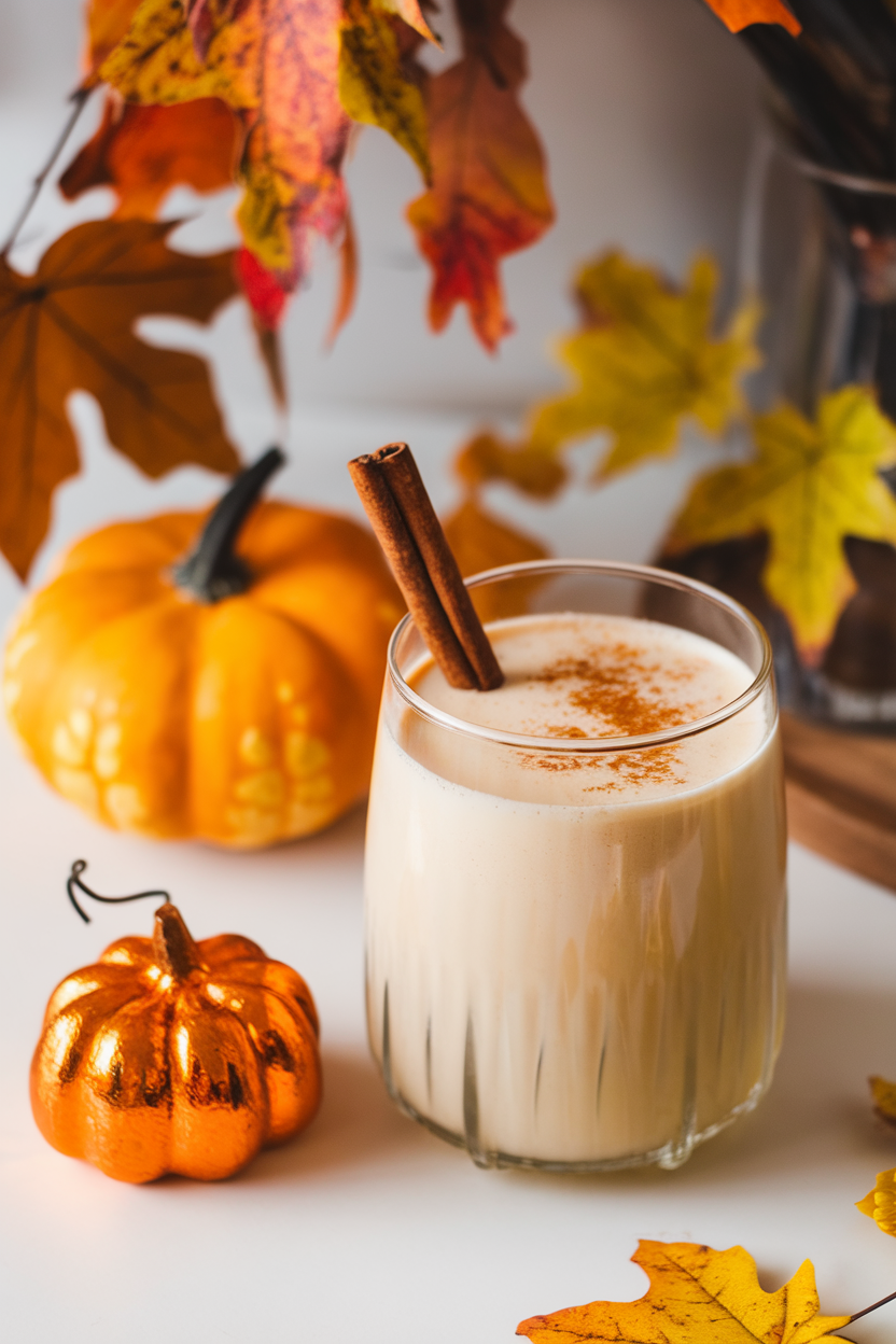 Indoor autumn-themed table with a glass of creamy horchata tinted light orange, cinnamon stick, tiny pumpkin decoration nearby. Photo, no text or logos.