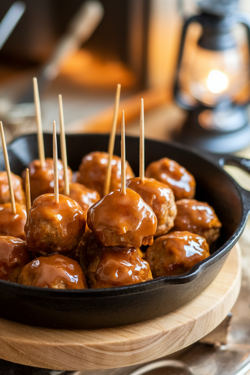 Photo indoors of a cast-iron skillet filled with cocktail-size meatballs coated in glossy maple glaze, toothpicks standing by. No text or logos.