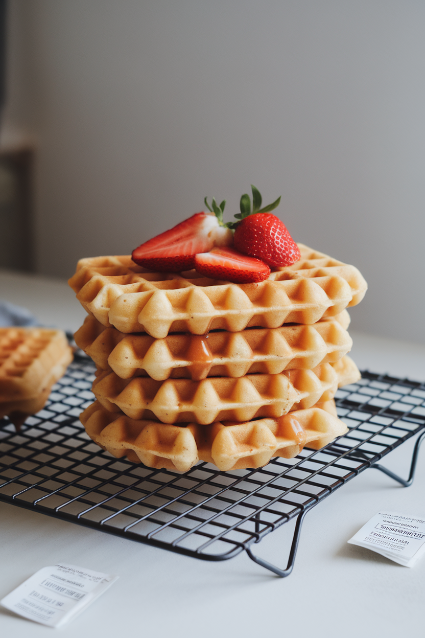 A stack of strawberry banana waffles on an indoor cooling rack, small freezer labels visible nearby. No text or logos.