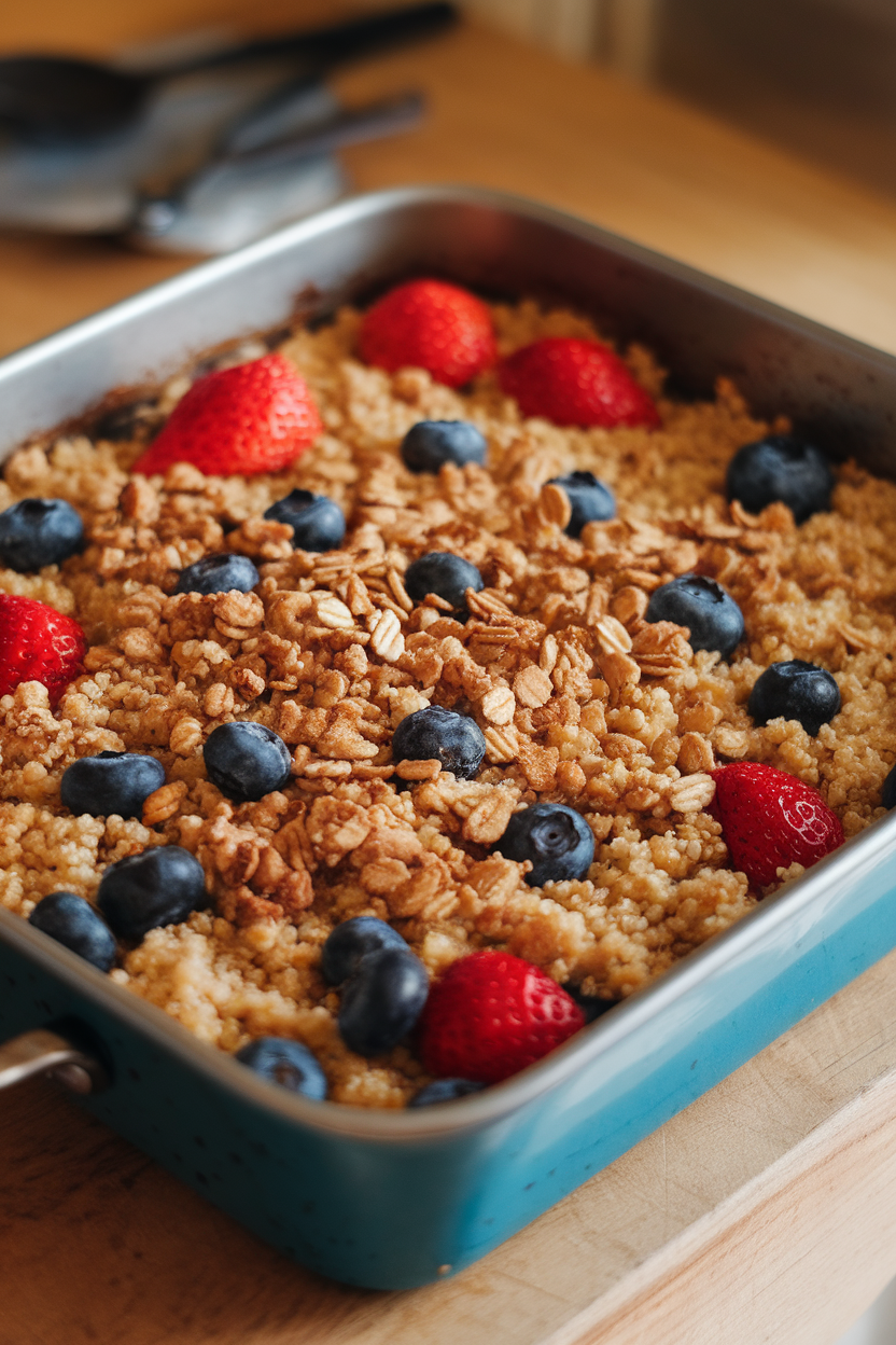 A baking dish indoors showing golden quinoa studded with blueberries and strawberries, oat crumble topping slightly browned. No text or logos. Photo only.