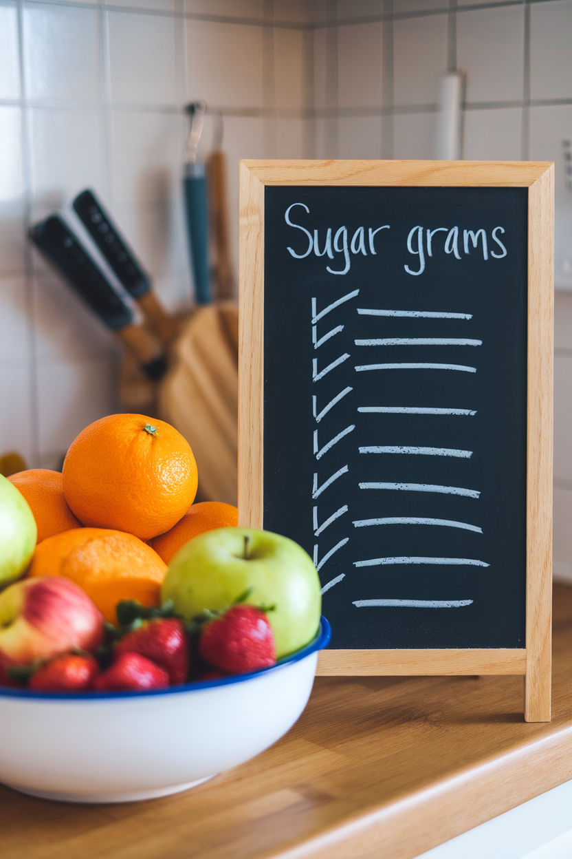 Photo prompt: An indoor kitchen chalkboard showing tally marks for sugar grams next to a bowl of fresh fruit, numbers blurred to avoid readable text, no logos.