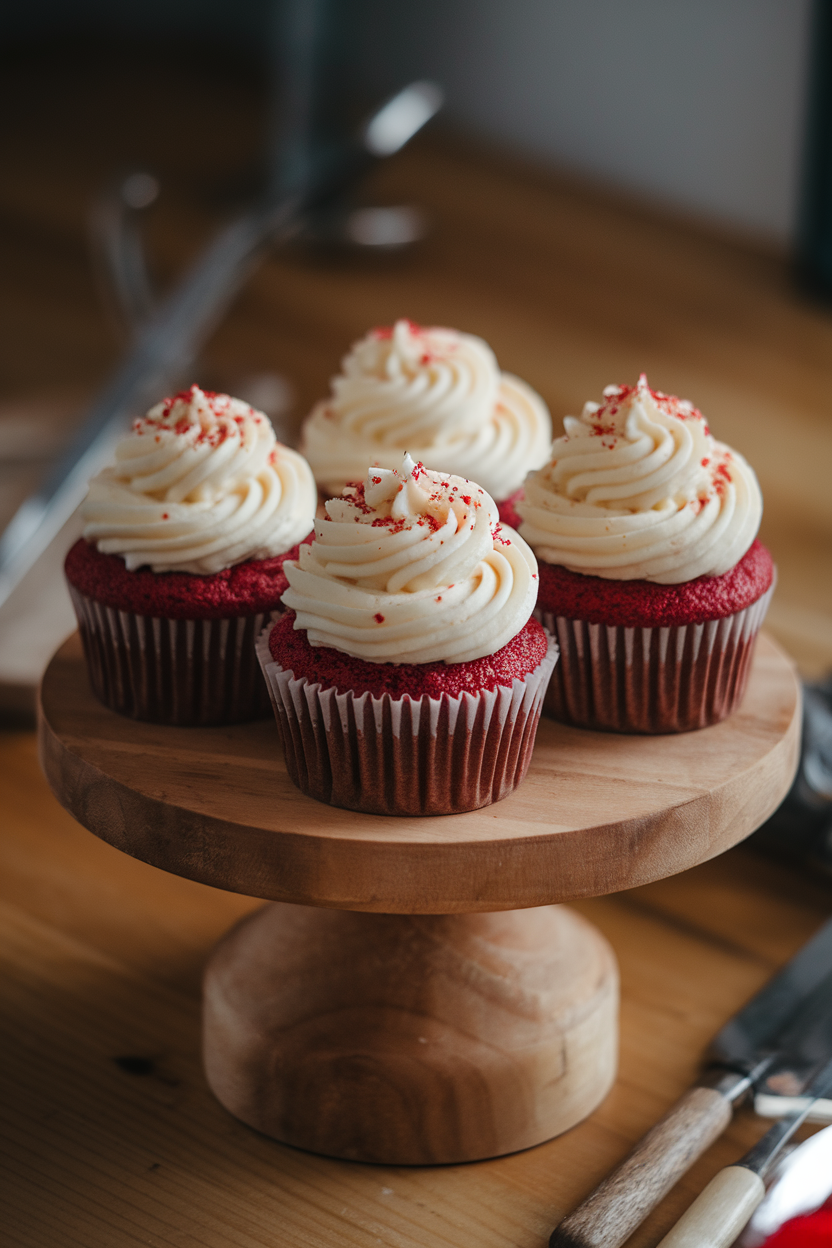 A trio of red velvet cupcakes on an indoor cake stand, each crowned with cream cheese frosting swirls and a sprinkle of red crumbs; no text or logos. Photo, not illustration.