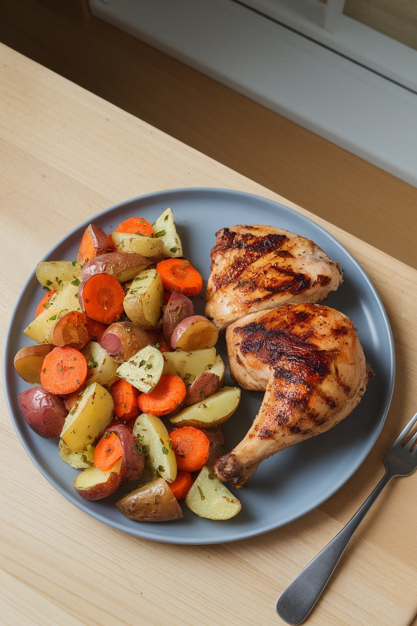 Photo of a dinner plate indoors with grilled chicken on one side and mixed roasted vegetables covering the other half. Overhead lighting, no text or logos.
