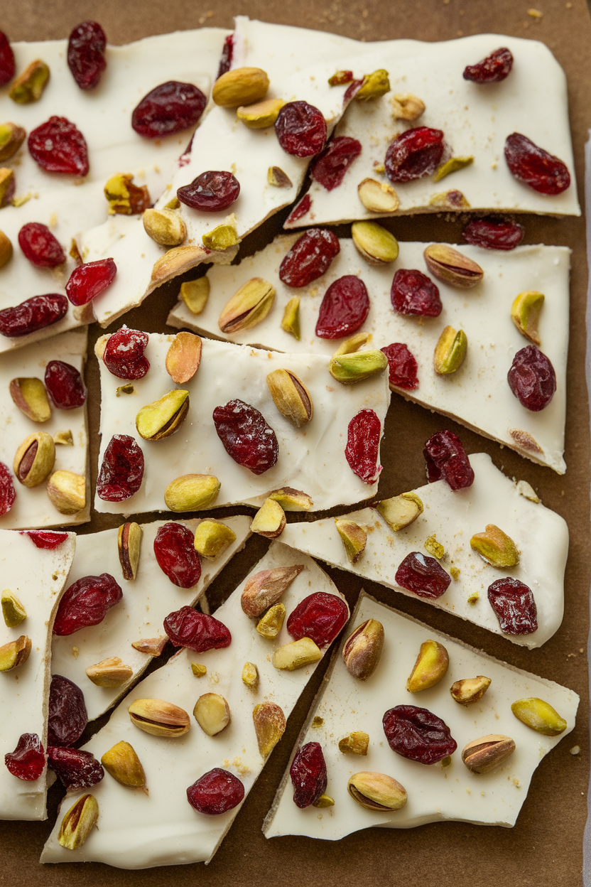 Indoor slab of white chocolate bark studded with dried cranberries and pistachios, broken into irregular pieces; no text or logos. Photo, not illustration.