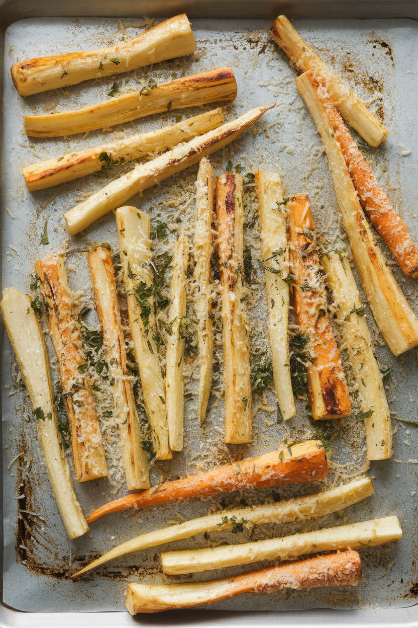 Indoor baking sheet lined with roasted parsnip spears dusted in grated Parmesan and herbs, photographed overhead. No text or logos.