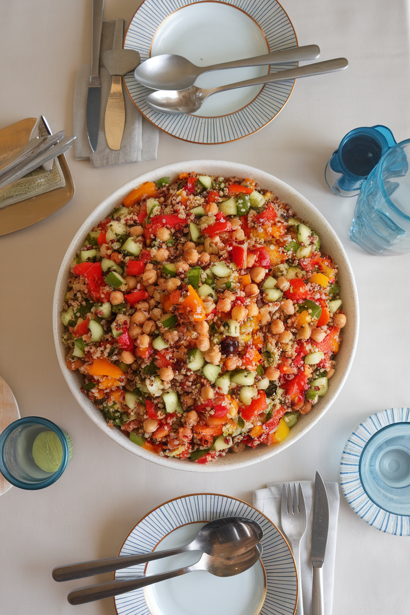 Indoor dining table with a large bowl of colorful quinoa salad loaded with chopped peppers, cucumbers, and chickpeas, photographed from slightly overhead. No text or logos.
