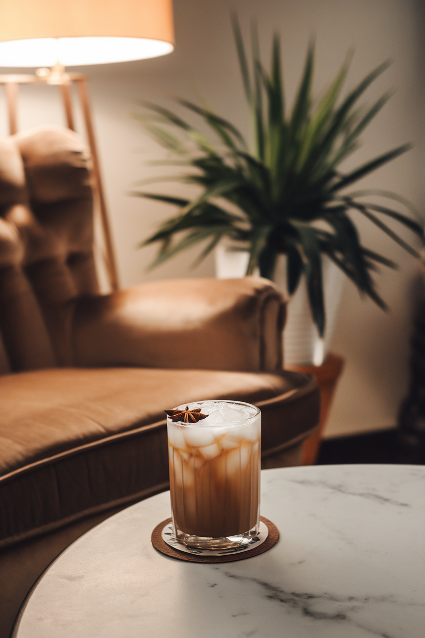 Cozy indoor coffee table featuring an old-fashioned glass of chai white Russian over ice, star anise resting on foam. Photo, no text or logos.