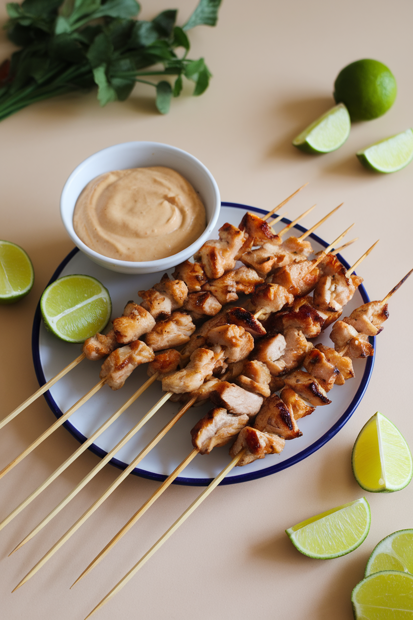 Photo of an indoor platter with narrow skewers of grilled chicken satay, side bowl of creamy peanut sauce, lime wedges scattered; no text or logos.