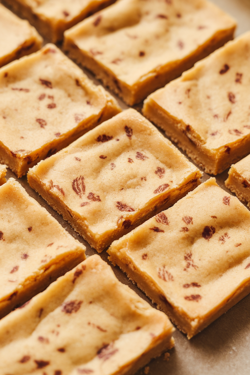 Close-up indoor shot of rectangular shortbread bars with visible brown butter specks, edges neatly sliced; no text or logos.