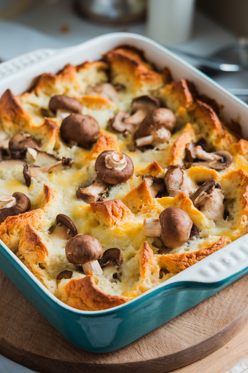 An indoor casserole dish with savory bread pudding studded with mushrooms and melted Gruyère, edges browned. No text or logos. Photo, not illustration.
