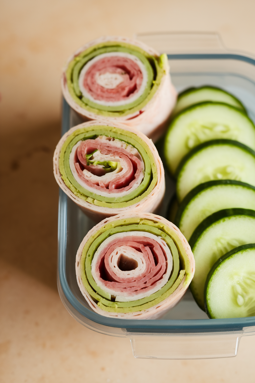 An indoor lunchbox scene showing turkey and avocado roll-ups sliced into pinwheels, nestled next to sliced cucumbers. Soft lighting, no text or logos.