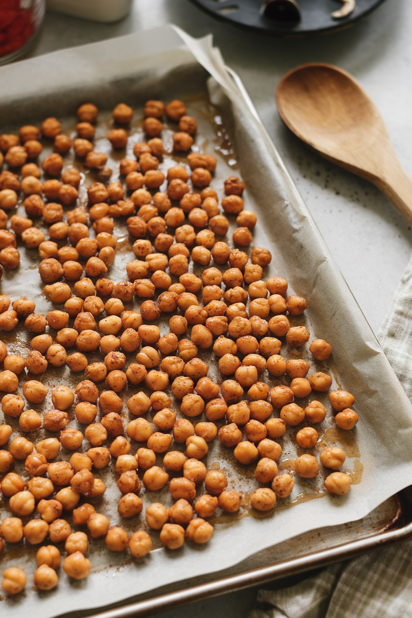 An indoor baking sheet lined with parchment, showing crunchy roasted chickpeas coated in maple glaze and cinnamon, wooden spoon resting nearby. Photo, no text or logos.