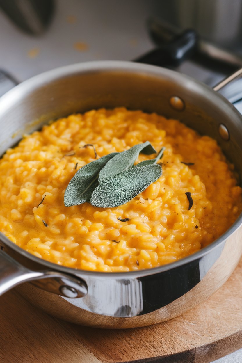 An indoor saucepan holding creamy orange-hued pumpkin risotto, fresh sage leaves on top. No logos or text.