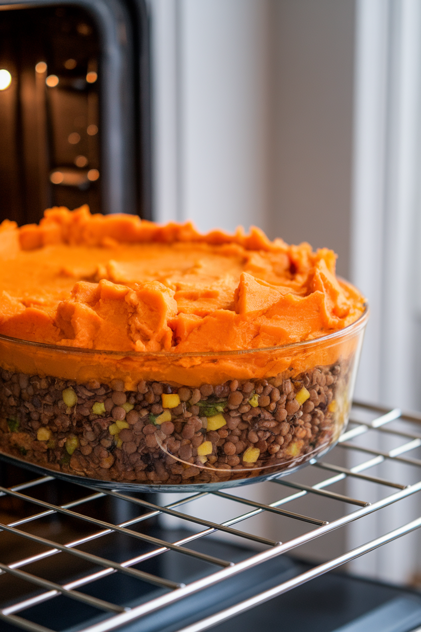 Indoor oven rack with a casserole dish of shepherd’s pie layered with lentils and vegetables, topped by mashed sweet potato, lightly browned. No text or logos; photo.