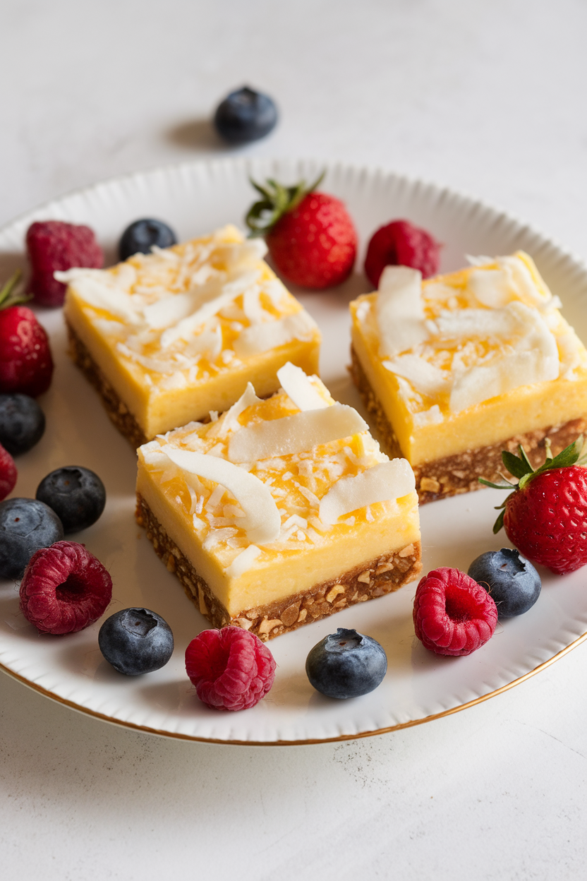 Indoor dessert plate holding square lemon coconut bars with a pressed nut crust, coconut flakes dusted on top. No text or logos. Photo only.