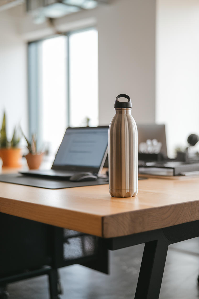 Indoor office desk with a stainless-steel water bottle, laptop in background—photo, no brand names.