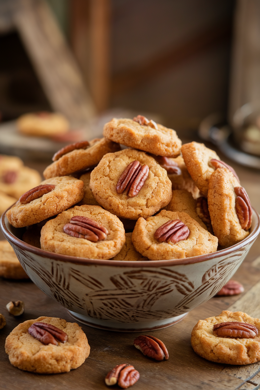 Indoor bowl of golden butter pecan cookies with sandy texture, pecan halves scattered around. Photo, no text or logos.