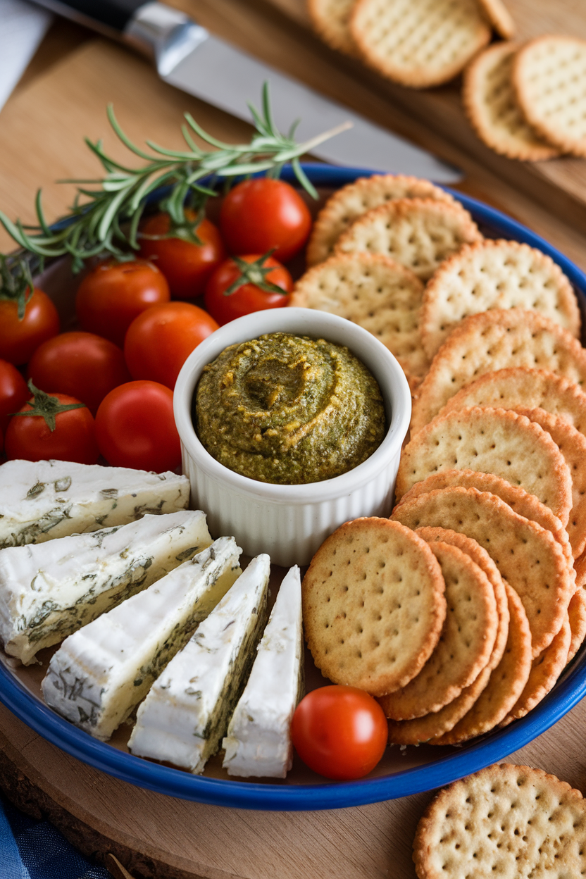 Indoor photo showing a ceramic platter of herbed goat cheese, basil pesto, cherry tomatoes, and rosemary crackers; no text or logos present.