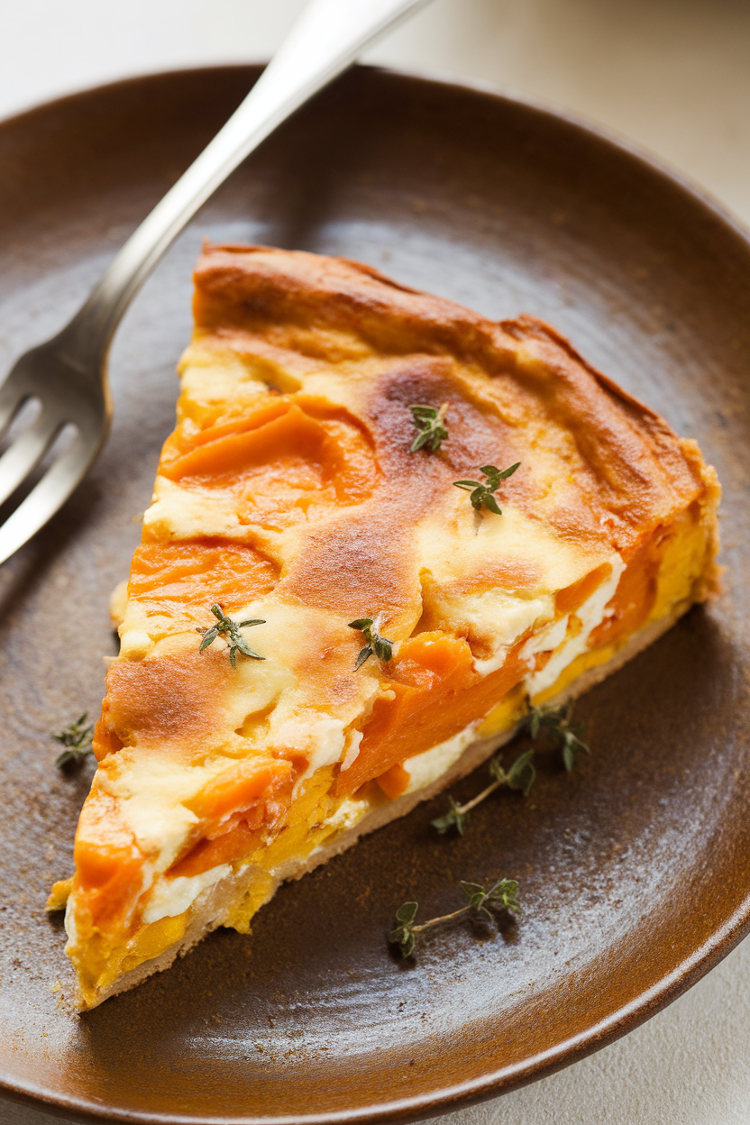 An indoor dining table set with a slice of butternut squash and goat cheese frittata on a rustic plate, flecks of thyme visible on top. A fork rests beside the slice; no text or logos.