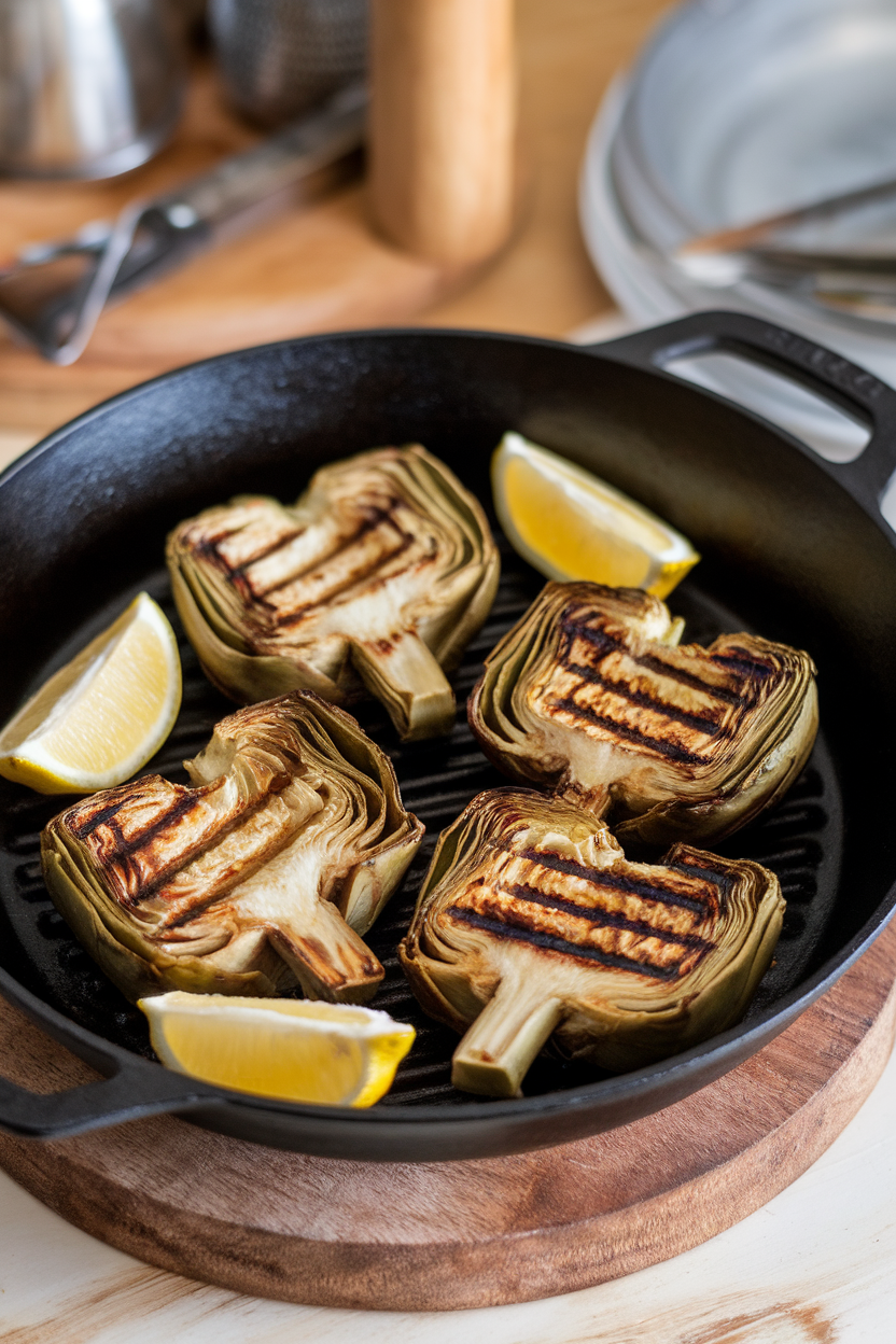 Indoor cast-iron pan holding grilled artichoke heart halves with grill marks, lemon wedges alongside. No text or logos.
