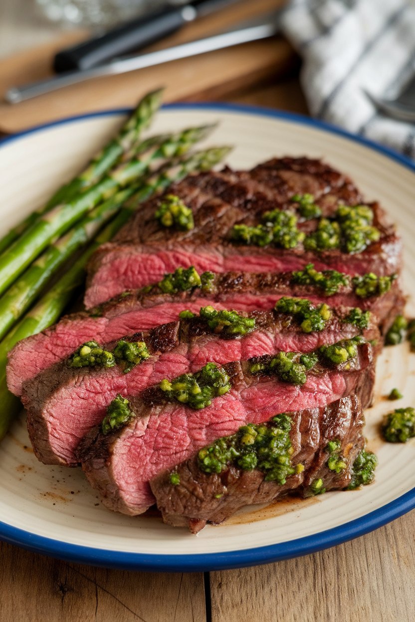 Indoor plating of sliced medium-rare steak drizzled with green chimichurri, asparagus spears on the side. No text or logos.