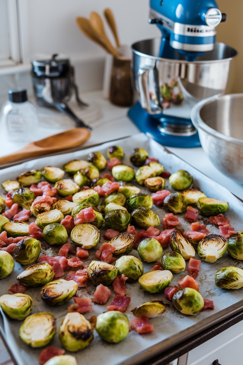 Indoor baking sheet loaded with roasted Brussels sprouts and bacon pieces, slight char on outer leaves. No text or logos present. Photo only.
