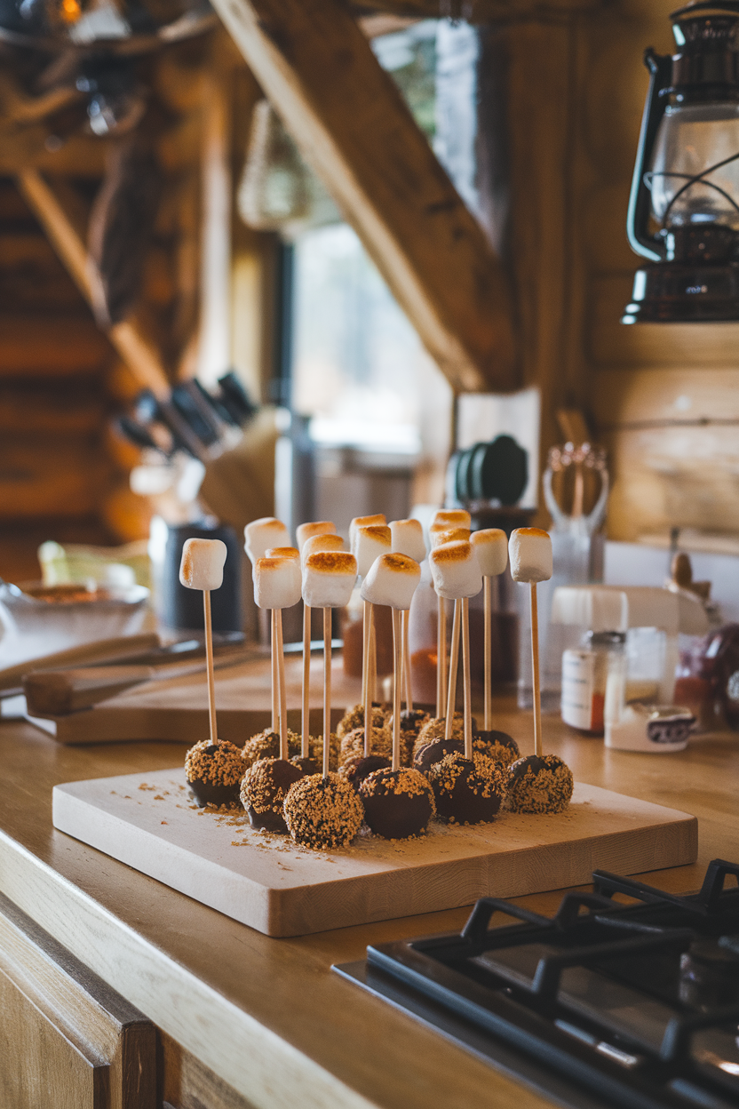 Photo, not illustration. Indoor cabin kitchen. Chocolate cake pops dipped in milk chocolate then rolled in crushed graham crackers, topped with a mini toasted marshmallow. No text or logos.