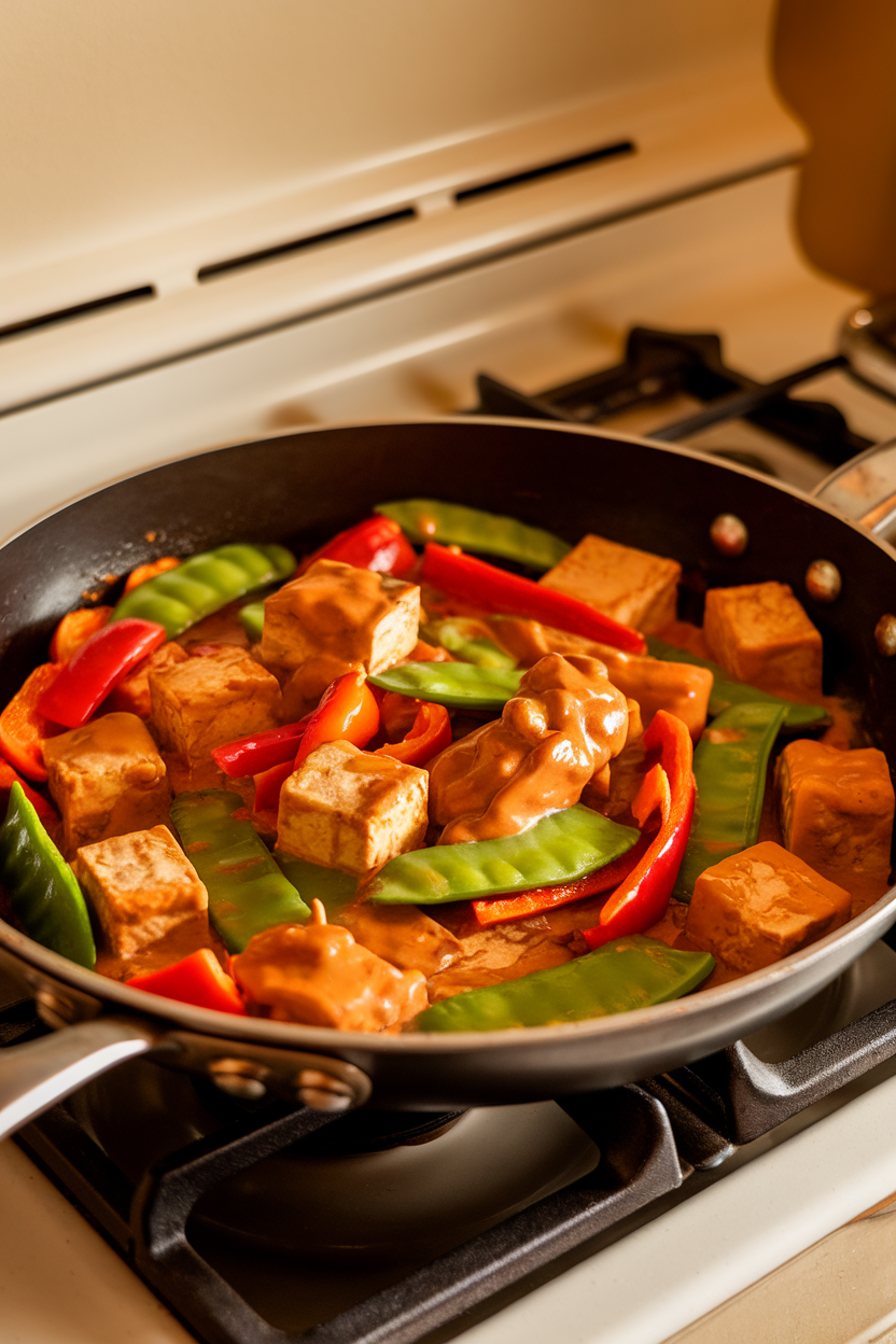 An indoor stovetop scene with a skillet of tofu cubes, bell peppers, and snap peas coated in a glossy peanut sauce. No text or logos visible.