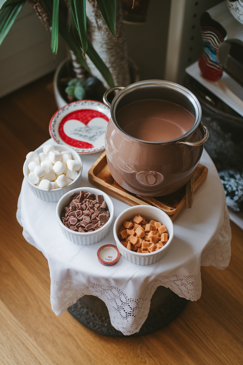 Indoor side table arranged with a large pot of hot chocolate and small bowls of marshmallows, chocolate shavings, and caramel bits. No text or logos. Photo only.