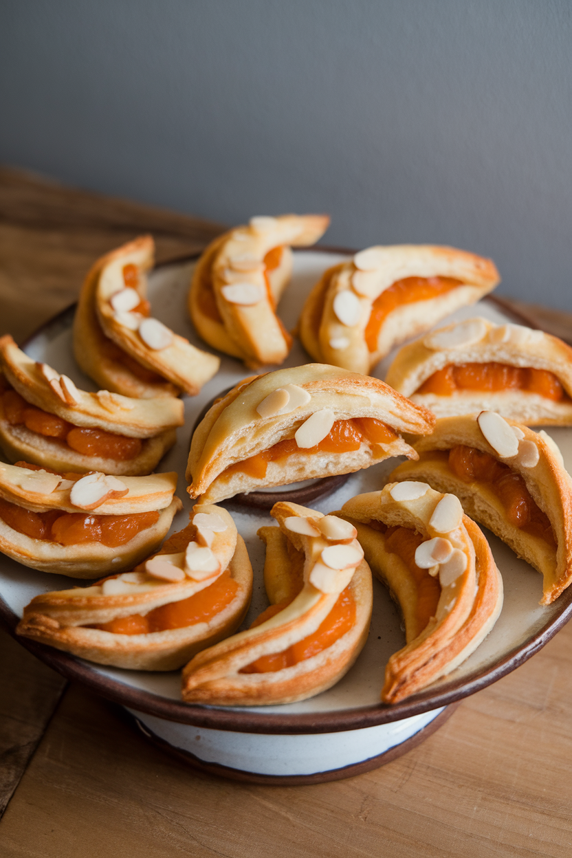 Indoor photo of crescent rugelach pastries with apricot filling and almond slices, piled on a ceramic plate, no text or logos