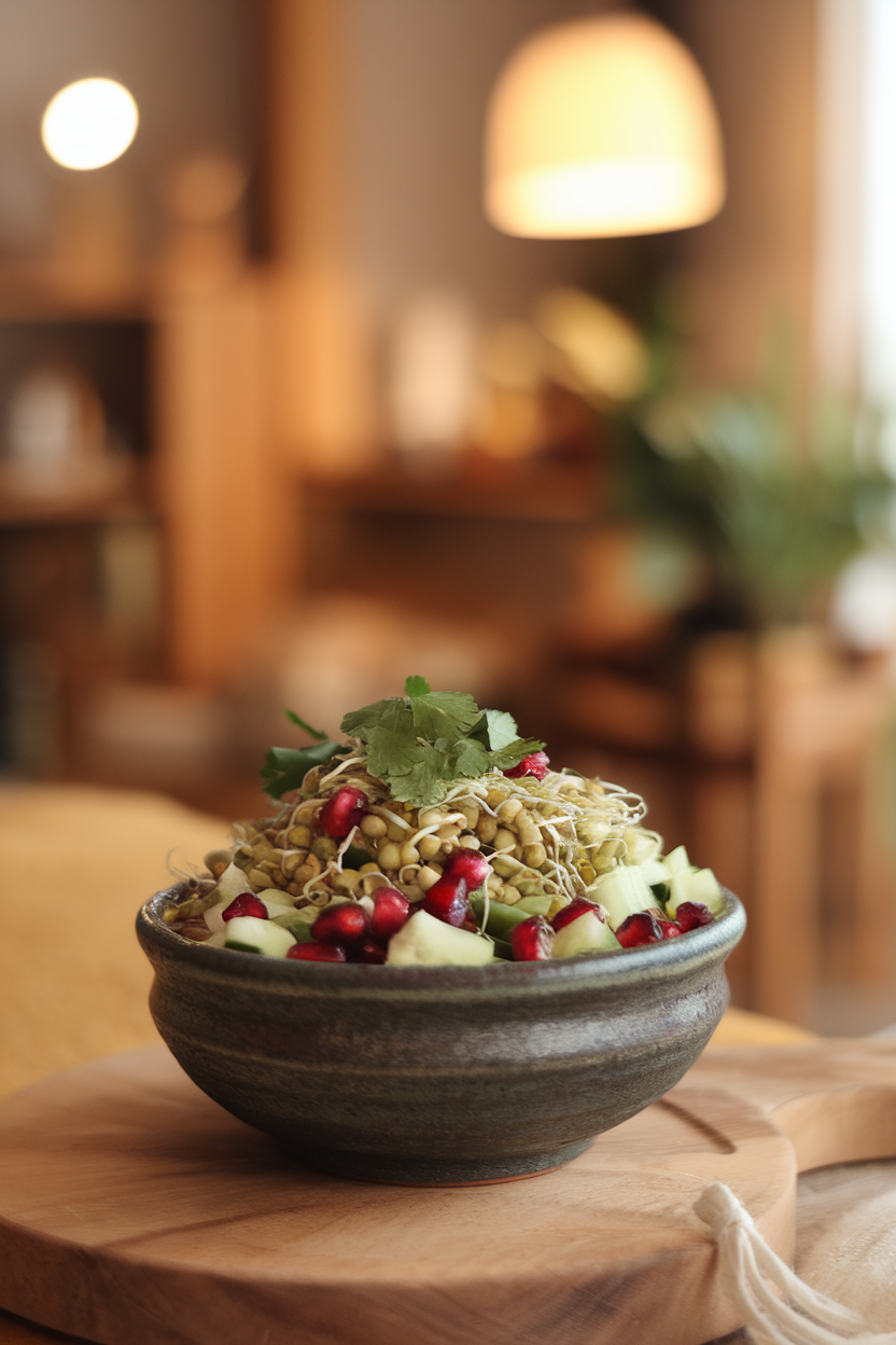 Photo prompt: A warmly lit indoor tabletop showing a ceramic bowl filled with sprouted green gram, ruby pomegranate arils, and chopped cucumber, sprinkled with fresh coriander leaves. Soft depth of field, no text or logos anywhere.
