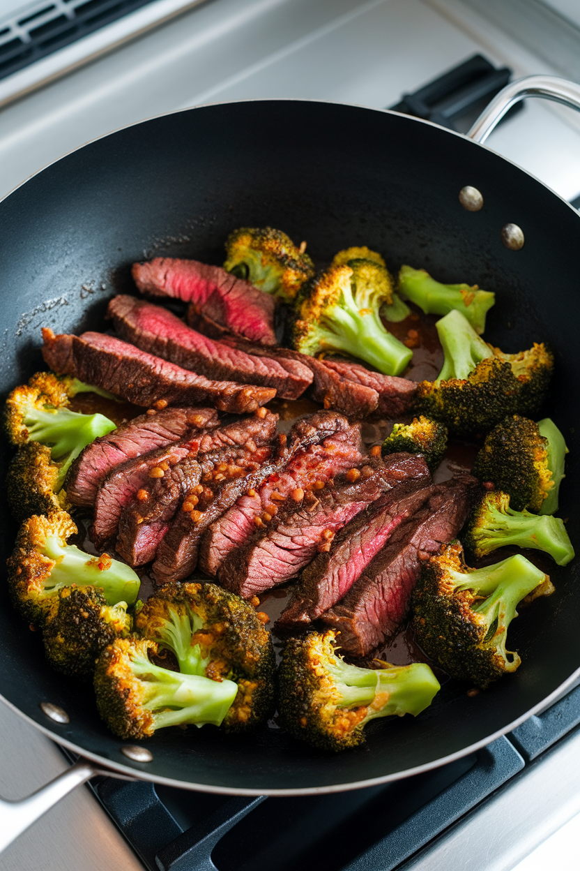 Wok filled with cooked strips of flank steak and bright green broccoli florets coated in glossy sauce on an indoor stovetop, no text or logos.