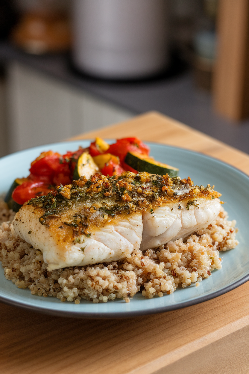 Indoor photo of garlic herb baked tilapia, quinoa, and sautéed tomato-zucchini medley on a plate. No text or logos.