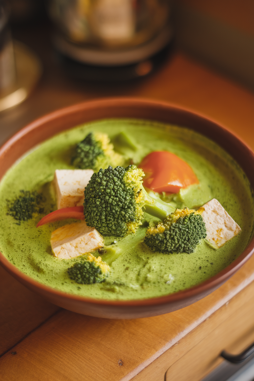 Indoor photo of vibrant green curry with broccoli, bell pepper, and tofu in a bowl; no text or logos