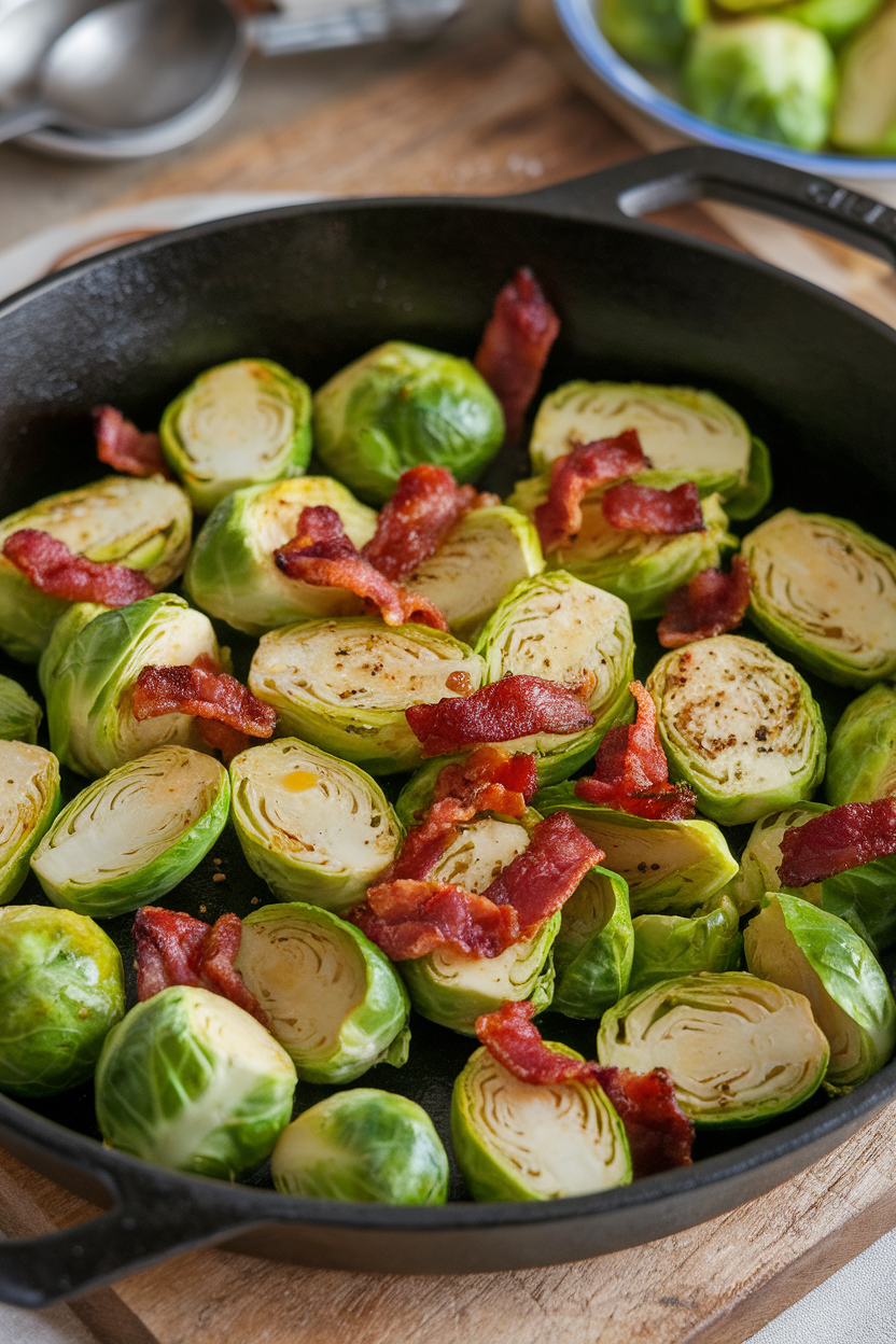 Indoor photo of halved Brussels sprouts roasted to golden brown, dotted with crispy bacon pieces in a cast-iron skillet. No text or logos.