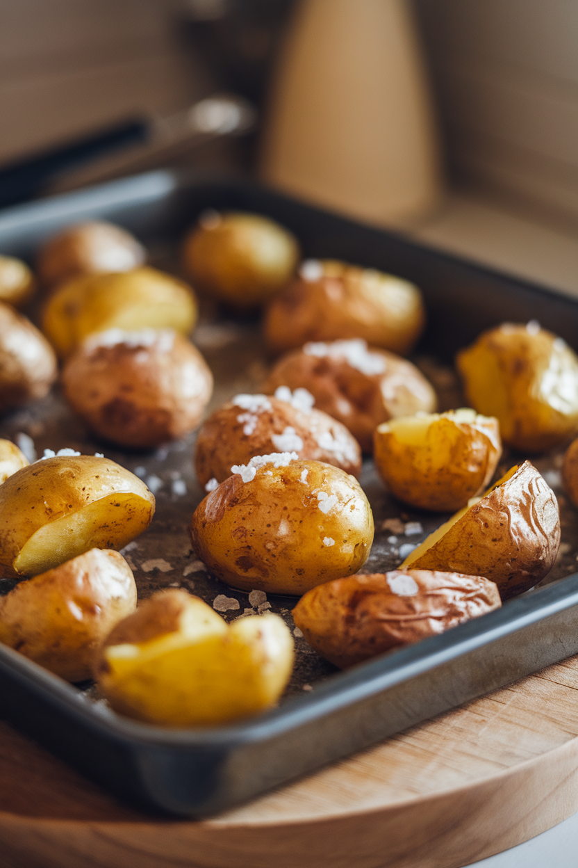 Indoor scene featuring a baking tray of golden roast potatoes glistening with duck fat and sprinkled with flaky sea salt. No text or logos.