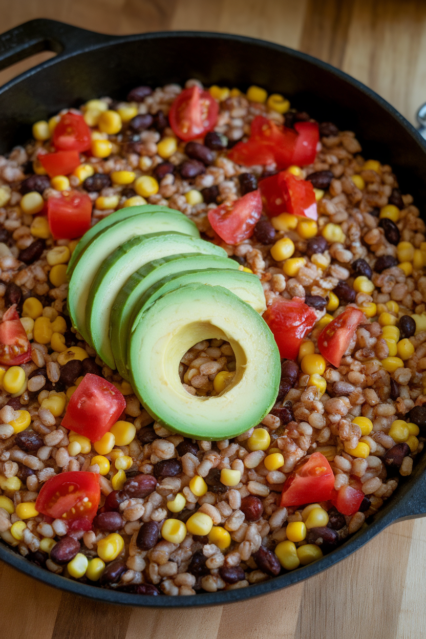 Indoor shot of a cast-iron baking pan brimming with cooked farro, black beans, corn, and diced tomatoes, garnished with avocado slices just before serving. No brand markings or text.