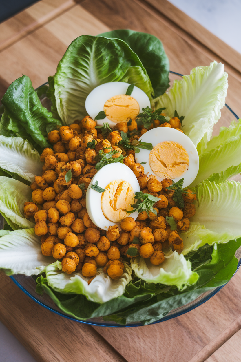 Indoor photo of crisp romaine leaves filled with curried chickpeas and sliced boiled egg. No text or logos.