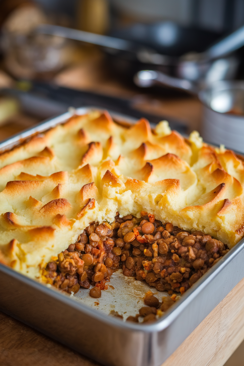 Indoor photo of a square casserole dish with a golden mashed potato top, one corner scooped to reveal saucy lentils and vegetables beneath. No text or logos.